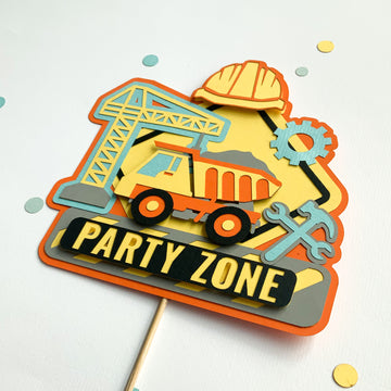 Pinfliers Construction theme paper cake topper for birthday decoration for boys, kids, girls, 1 piece, in orange, yellow, blue color